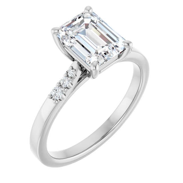 14K White 8x6 mm Emerald .07 CWT Natural Diamond Semi-Set Engagement Ring